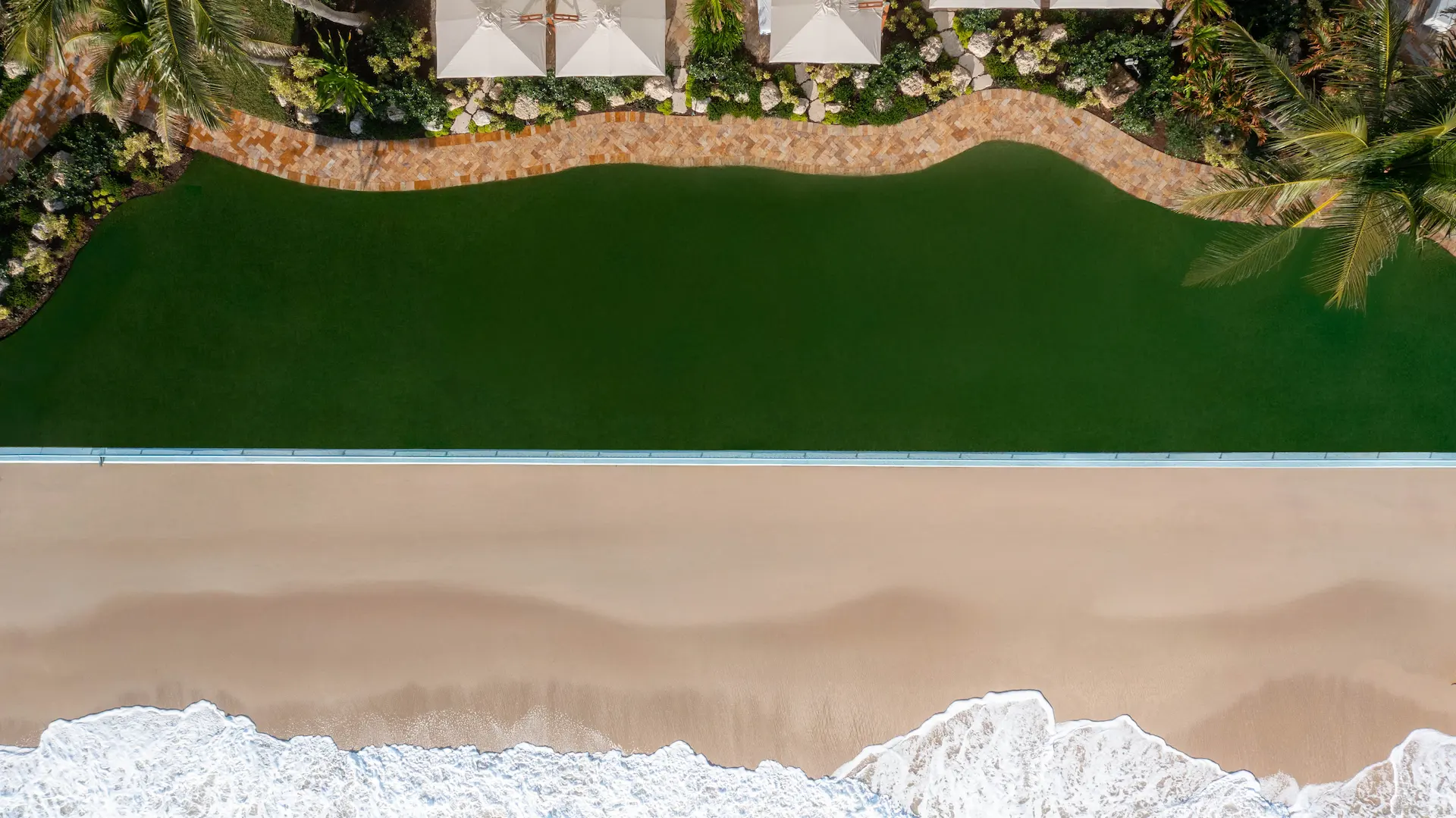 Aerial view of a beachfront pool, curved pathways, and tropical greenery beside the shoreline.