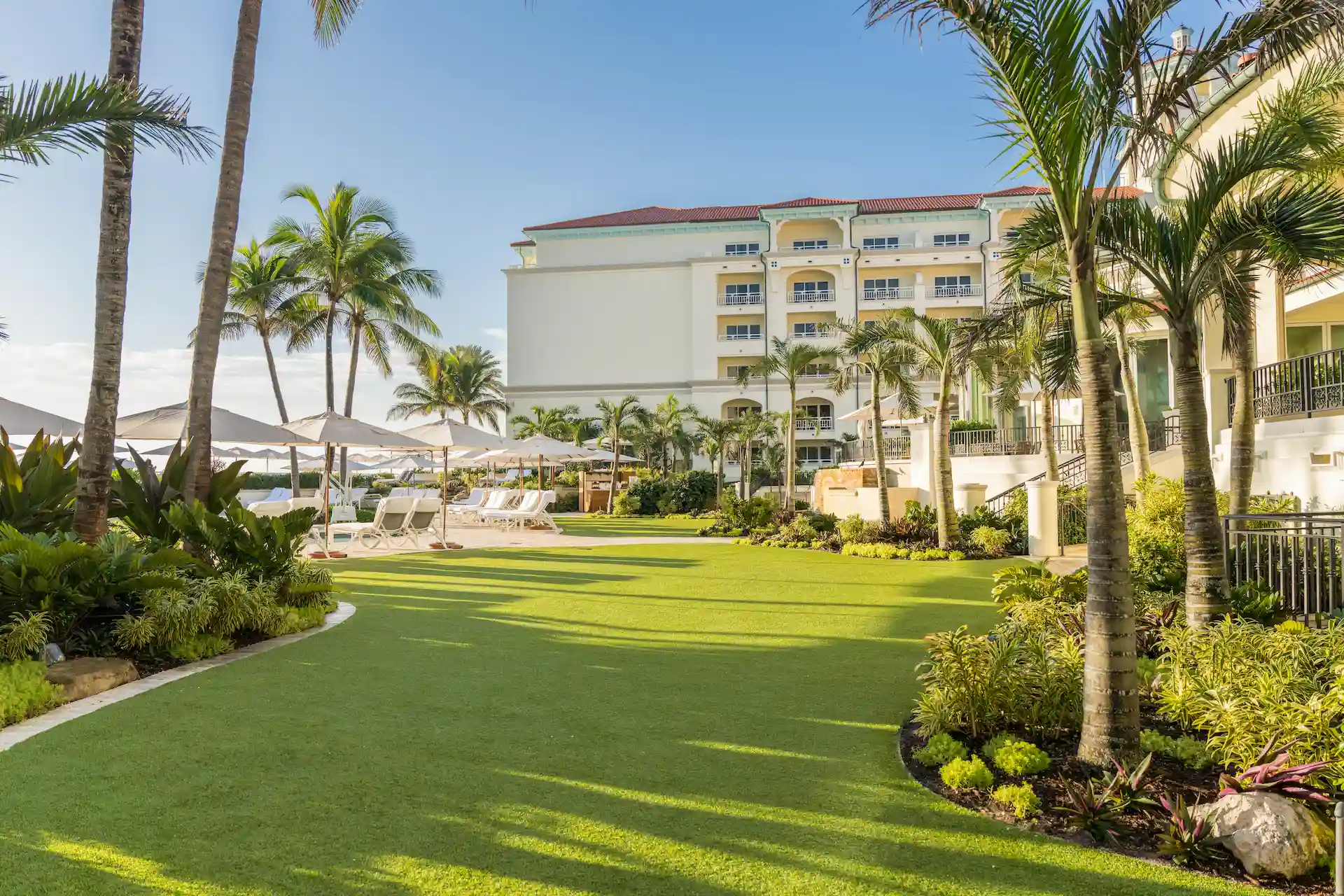 Resort grounds with palm trees, manicured lawns, and lounge areas set against a clear sky.